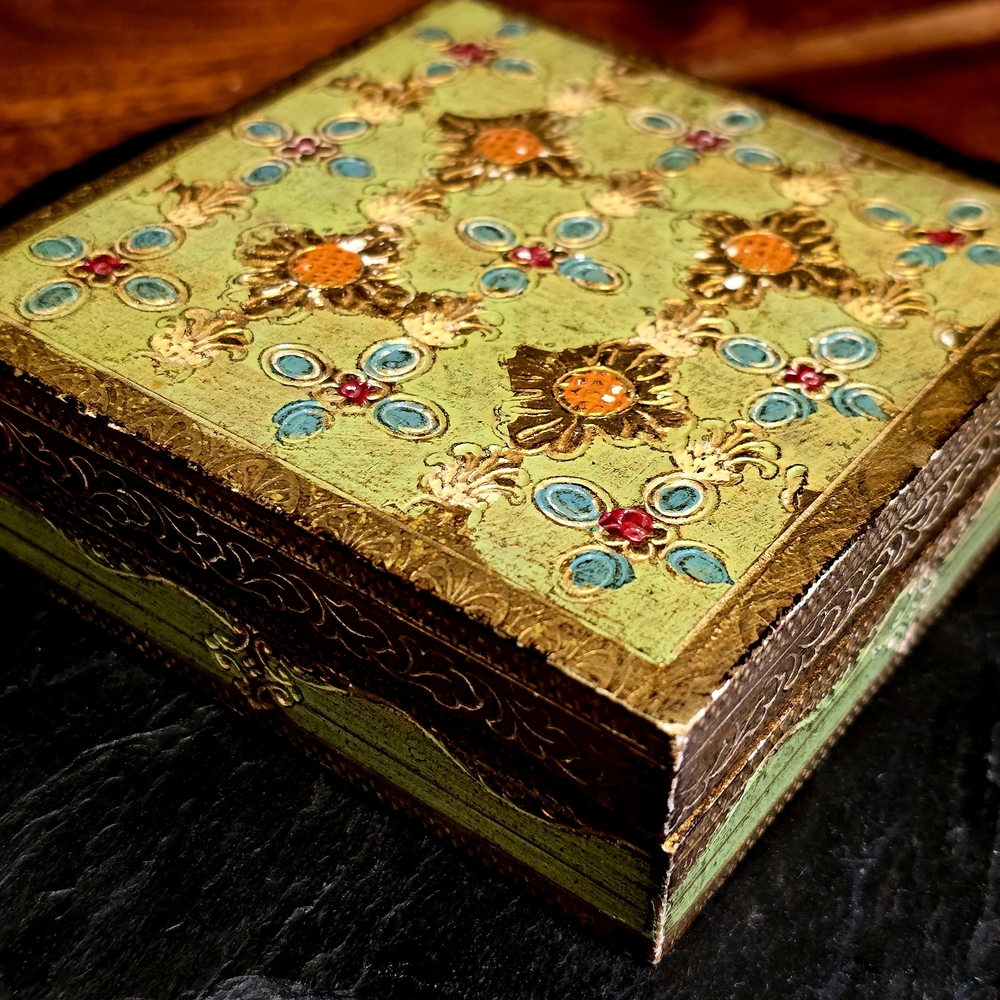 Vintage Italian Florentine Trinket Box Decorative Gold &Sage Green Storage Box